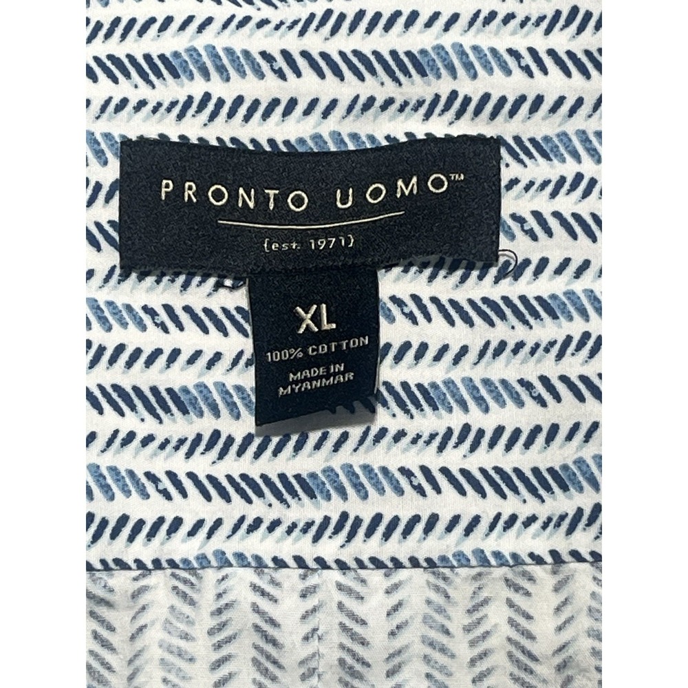 Pronto Uomo XL Blue White Pattern Short Sleeve Button Down Cotton Shirt - Picture 2 of 6